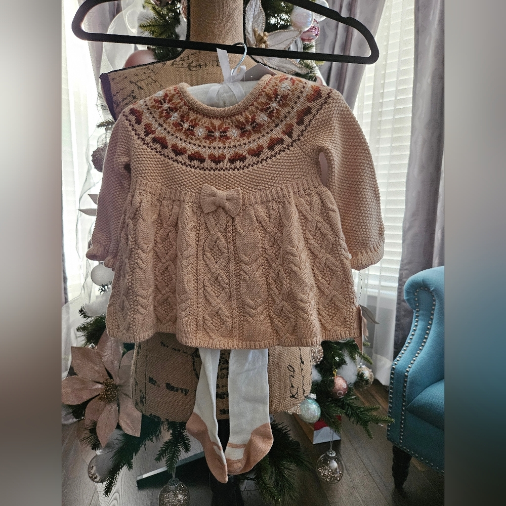 NWT Shabby Chic Knitted Dress Set in Tan and Cream - 3-6mo - Picture 3 of 3